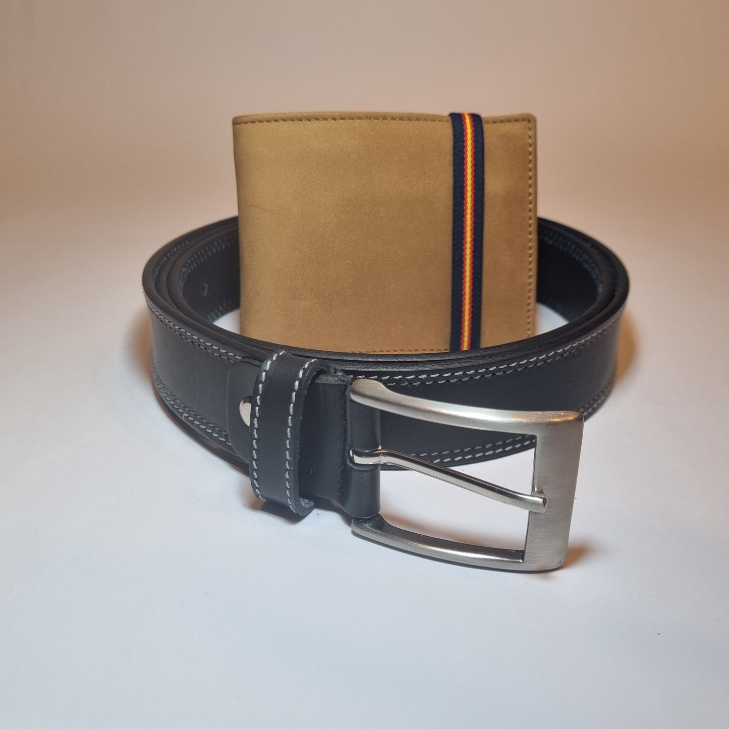 Conjunto de Cartera banda azul bandera de España y Cinturón a elegir 100% piel para Hombre