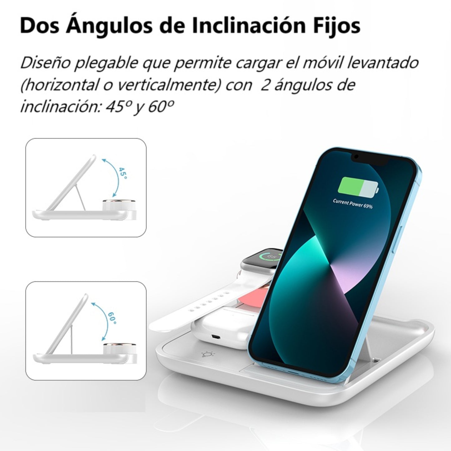 Cargador inalámbrico 4 en 1 multifuncional con diseño compacto Premiun y materiales ignífugos
