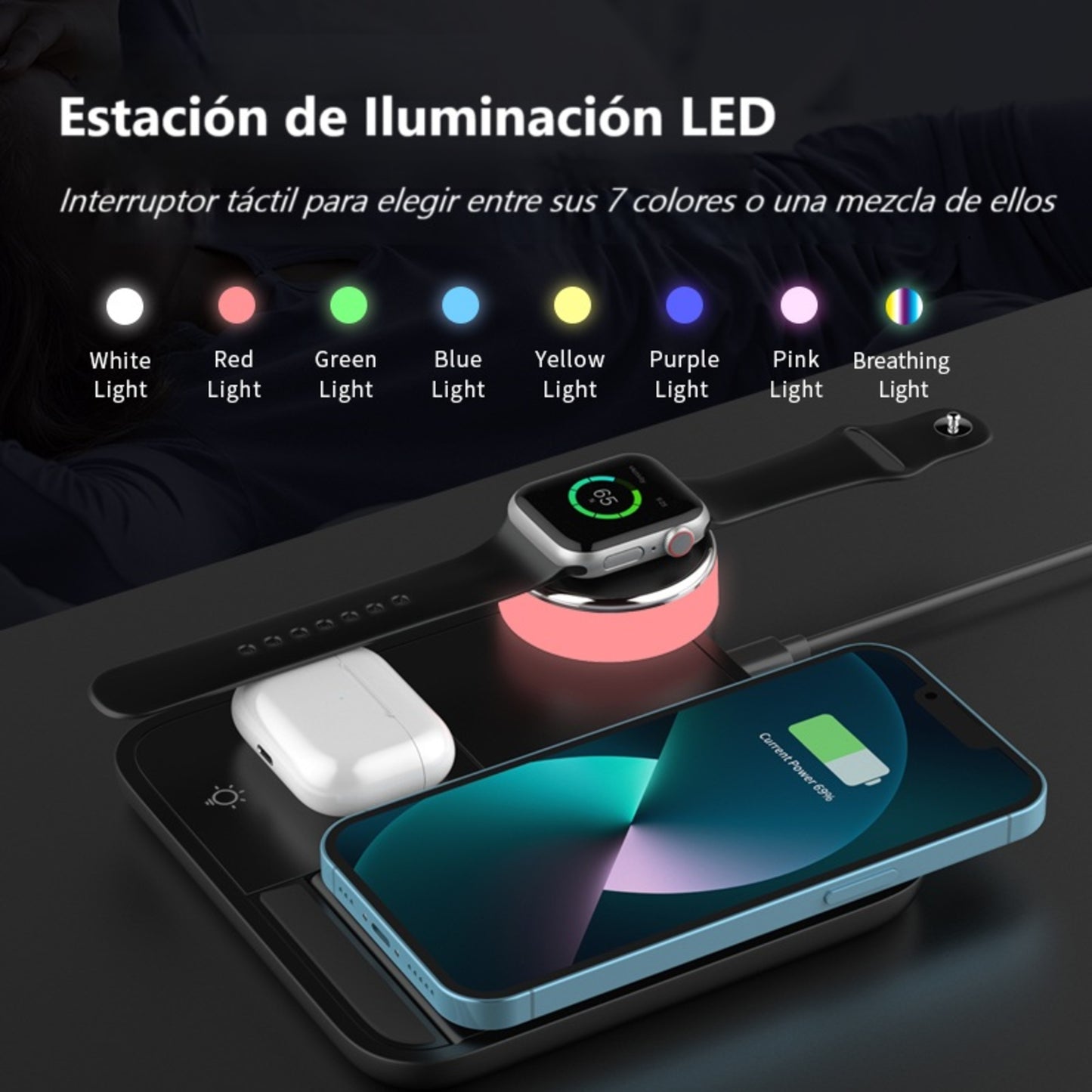 Cargador inalámbrico 4 en 1 multifuncional con diseño compacto Premiun y materiales ignífugos