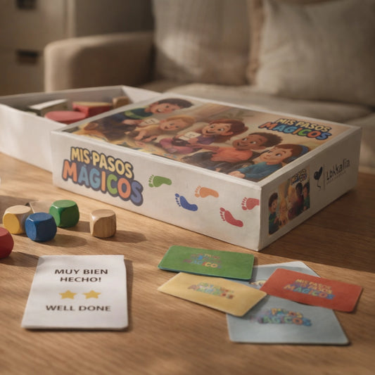 Componentes del juego educativo inclusivo Mis Pasos Mágicos sobre mesa de madera en un entorno familiar
