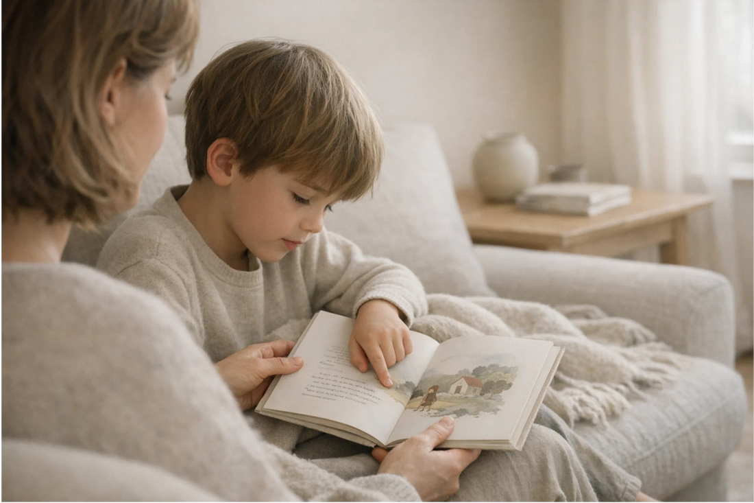 Madre e hijo leyendo un cuento infantil con valores en casa durante un momento de lectura en familia
