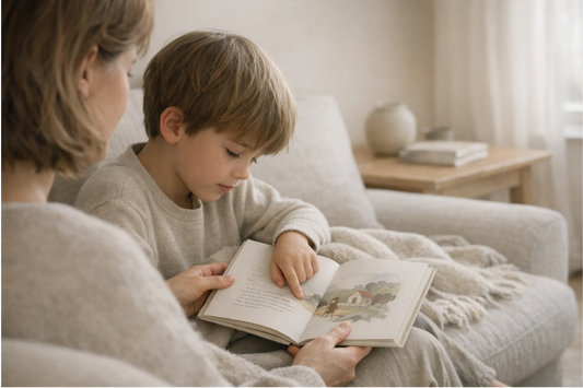 Madre e hijo leyendo un cuento infantil con valores en casa durante un momento de lectura en familia