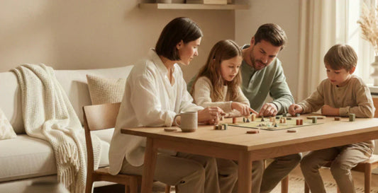 Familia jugando con juegos educativos en casa | Lukkalia