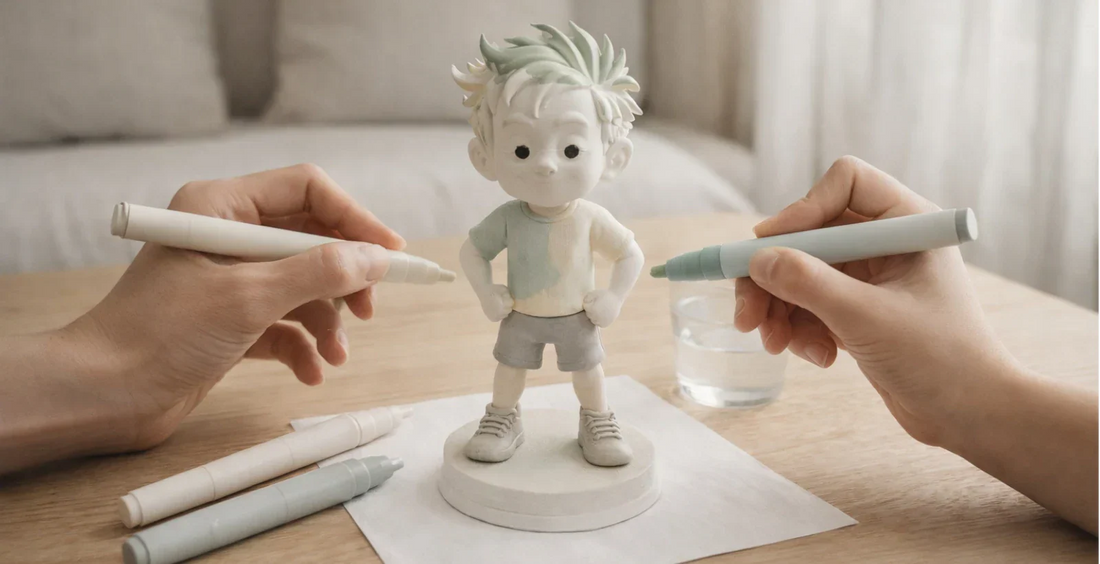 Manos de un adulto y un niño pintando juntos una figura 3D sobre una mesa de roble en un ambiente escandinavo luminoso.