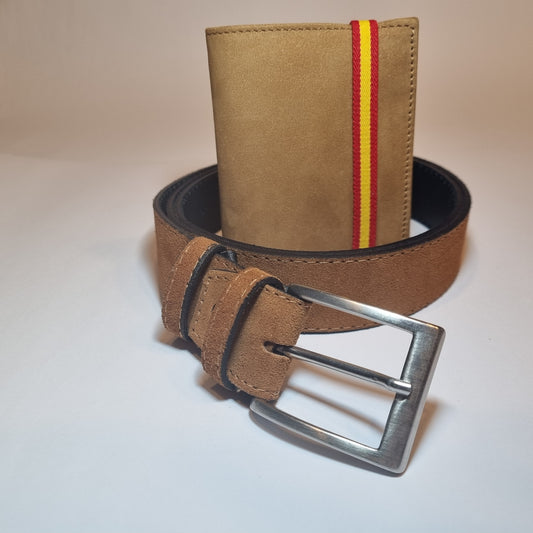 Conjunto de Cartera marrón bandera de España y Cinturón a elegir 100% Piel para Hombre