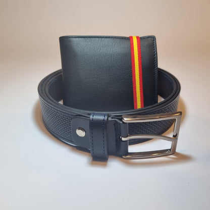 Conjunto de cartera negra con cinta de la bandera de España y cinturón 100% piel para hombre