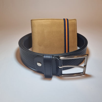 Conjunto de Cartera banda azul bandera de España y Cinturón a elegir 100% piel para Hombre