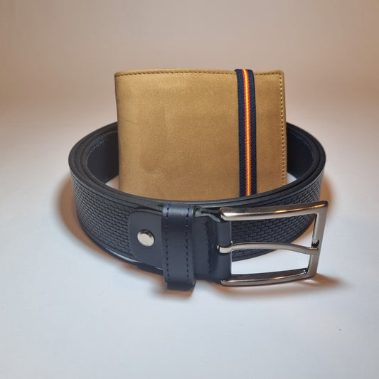 Conjunto de Cartera banda azul bandera de España y Cinturón a elegir 100% piel para Hombre