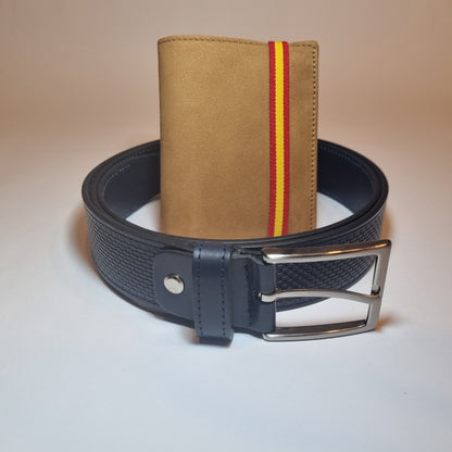 Conjunto de Cartera marrón bandera de España y Cinturón a elegir 100% Piel para Hombre