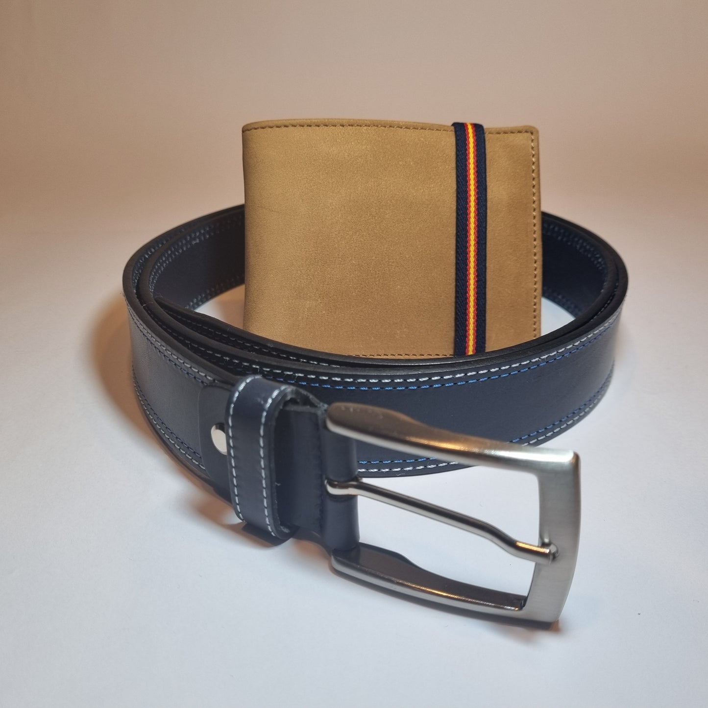 Conjunto de Cartera banda azul bandera de España y Cinturón a elegir 100% piel para Hombre