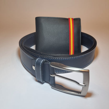 Conjunto de cartera negra con cinta de la bandera de España y cinturón 100% piel para hombre