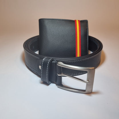 Conjunto de cartera negra con cinta de la bandera de España y cinturón 100% piel para hombre