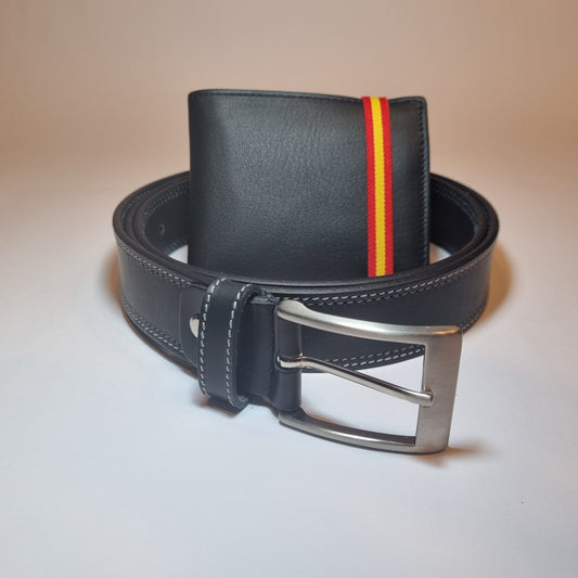 Conjunto de cartera negra con cinta de la bandera de España y cinturón 100% piel para hombre