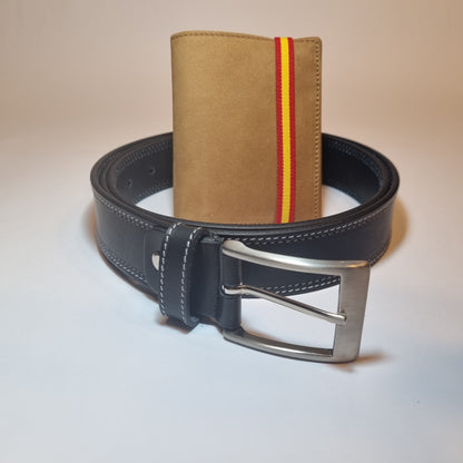 Conjunto de Cartera marrón bandera de España y Cinturón a elegir 100% Piel para Hombre