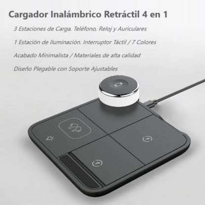 Cargador inalámbrico 4 en 1 multifuncional con diseño compacto Premiun y materiales ignífugos