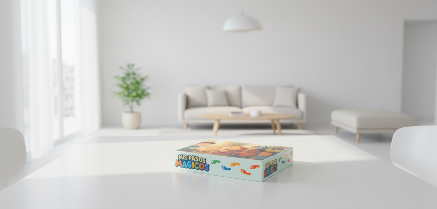 Caja del juego “Mis Pasos Mágicos” colocada sobre mesa blanca en salón luminoso, ideal para familias con niños pequeños.