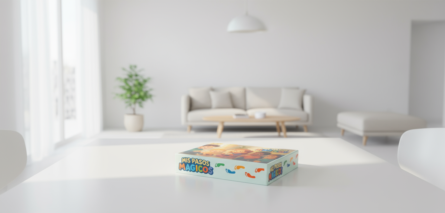 Caja del juego “Mis Pasos Mágicos” colocada sobre mesa blanca en salón luminoso, ideal para familias con niños pequeños.