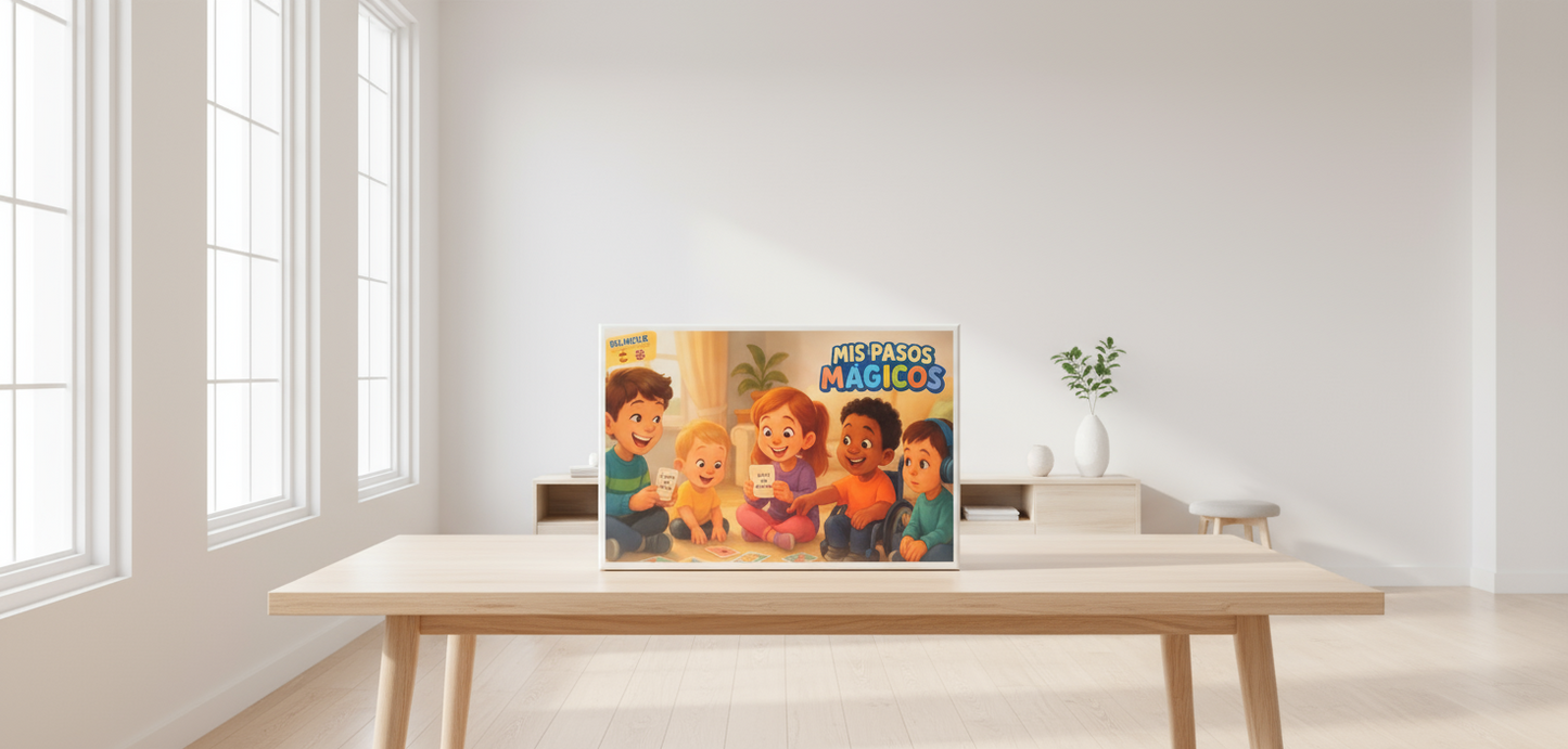 Caja del juego “Mis Pasos Mágicos” sobre mesa minimalista, mostrando diseño limpio y colorido.