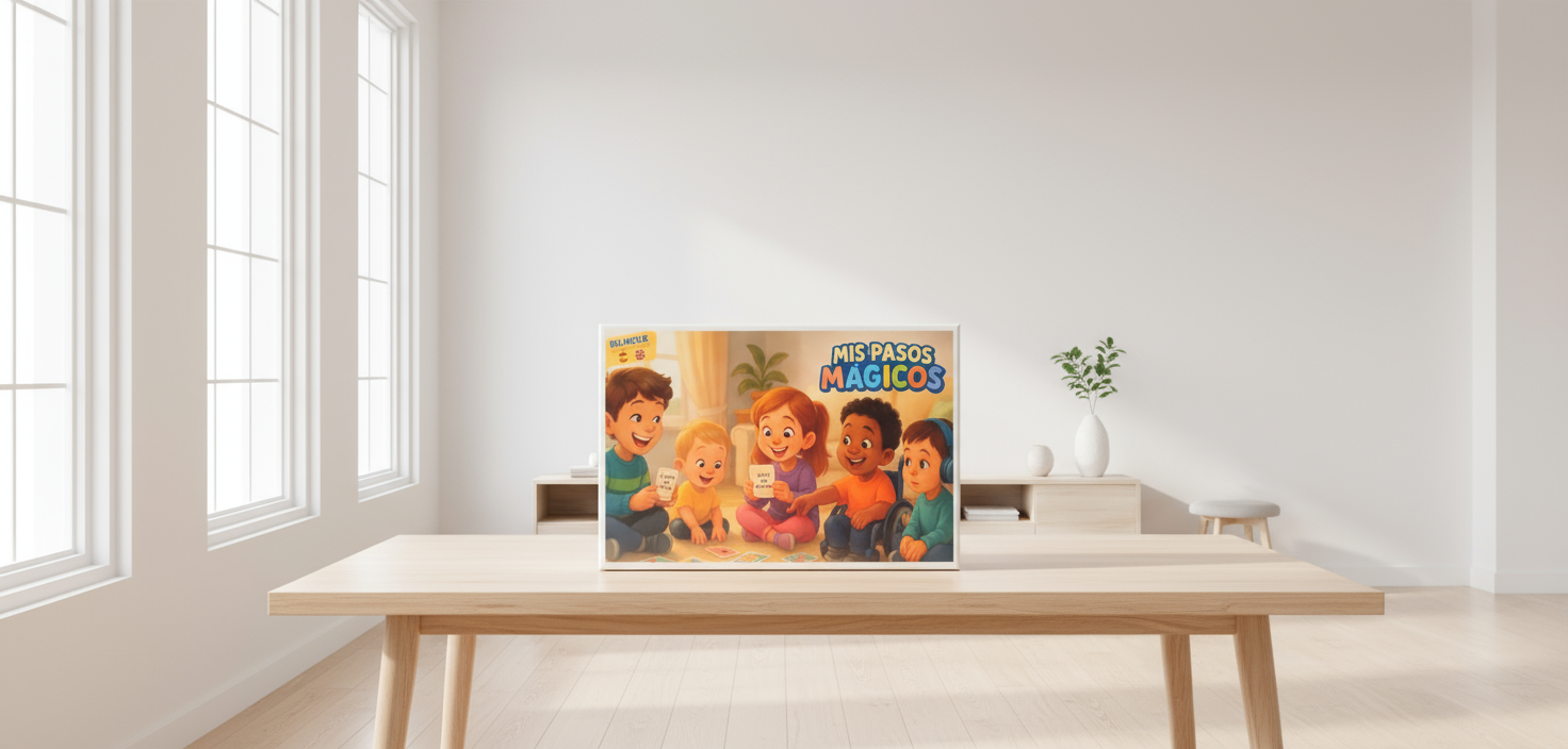 Caja del juego “Mis Pasos Mágicos” sobre mesa minimalista, mostrando diseño limpio y colorido.