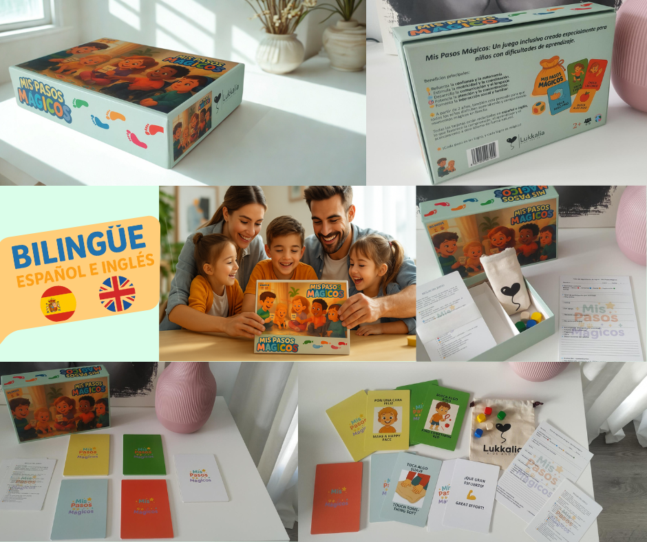 Juego educativo inclusivo “Mis Pasos Mágicos”: caja, tarjetas, materiales y familia disfrutando del juego en casa.