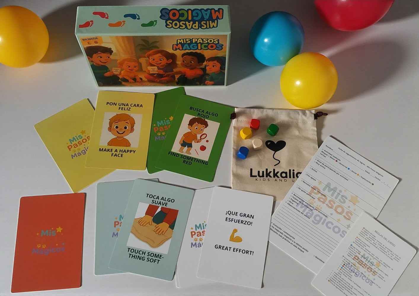 Tarjetas, dados y bolsa del juego “Mis Pasos Mágicos”, diseñado para niños con TEA, TDAH o Asperger.