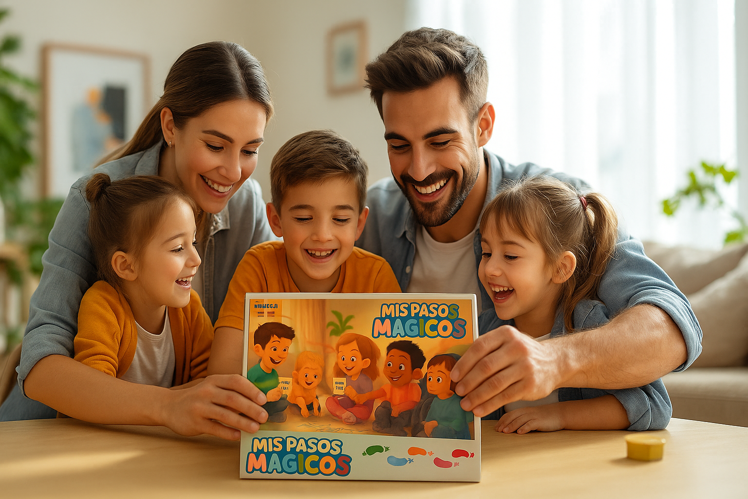 Familia con dos niños jugando a “Mis Pasos Mágicos”, juego inclusivo bilingüe que desarrolla atención, comunicación y autoestima.