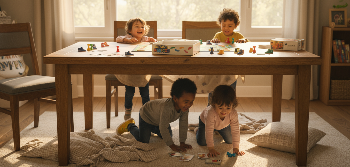 Grupo de niños jugando y riendo mientras usan el juego inclusivo “Mis Pasos Mágicos”, que fomenta cooperación y aprendizaje divertido.