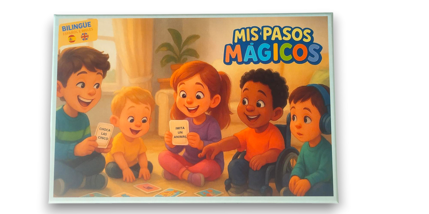 Caja del juego inclusivo bilingüe “Mis Pasos Mágicos” de Lukkalia, con niños sonrientes jugando en familia.