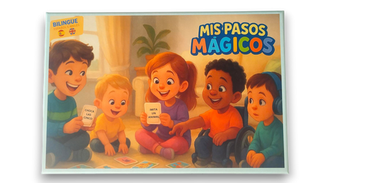 Caja del juego inclusivo bilingüe “Mis Pasos Mágicos” de Lukkalia, con niños sonrientes jugando en familia.
