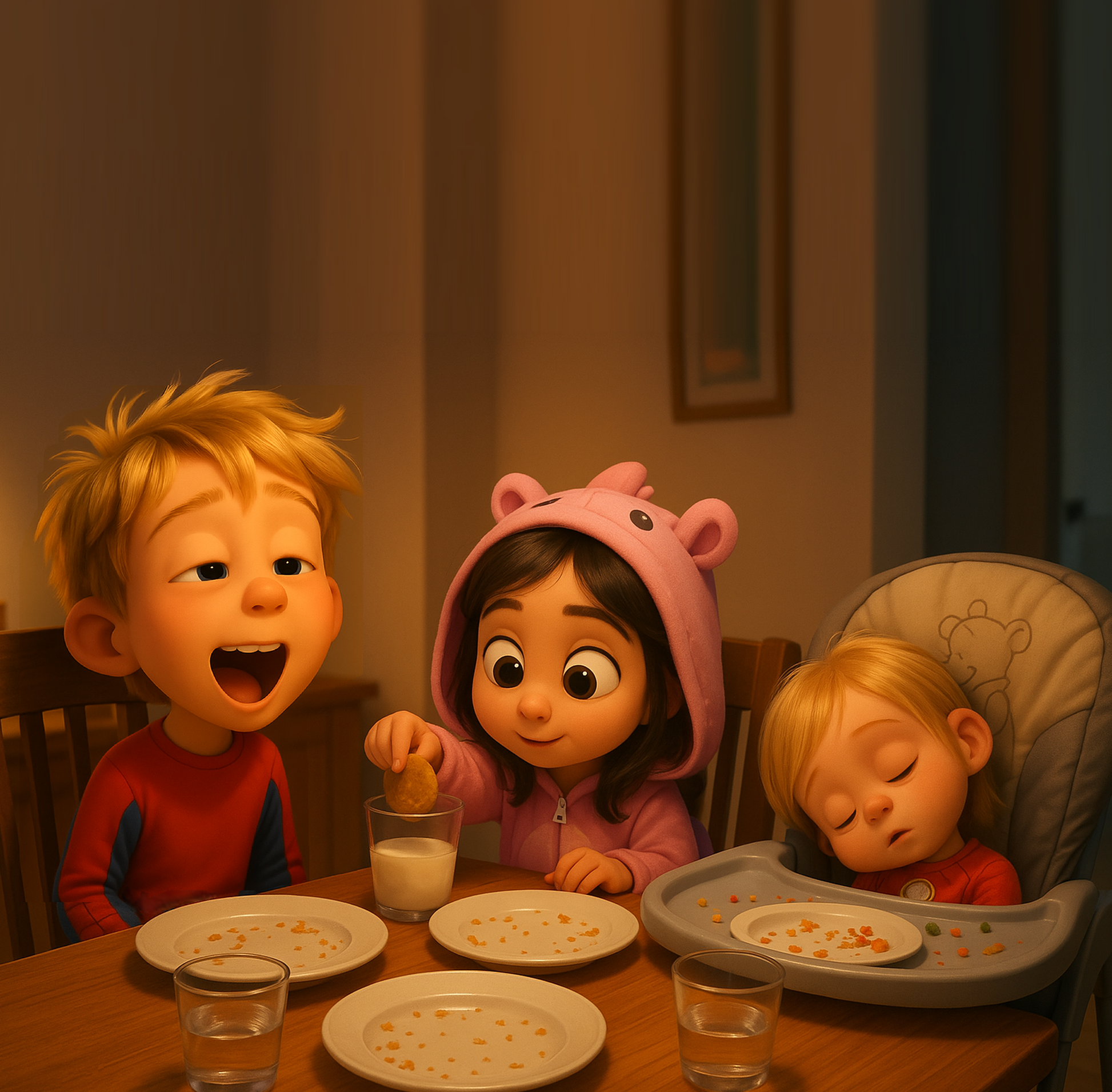 Los tres niños disfrutan de una divertida cena en casa, después de su increible juego de aventura imaginativa.