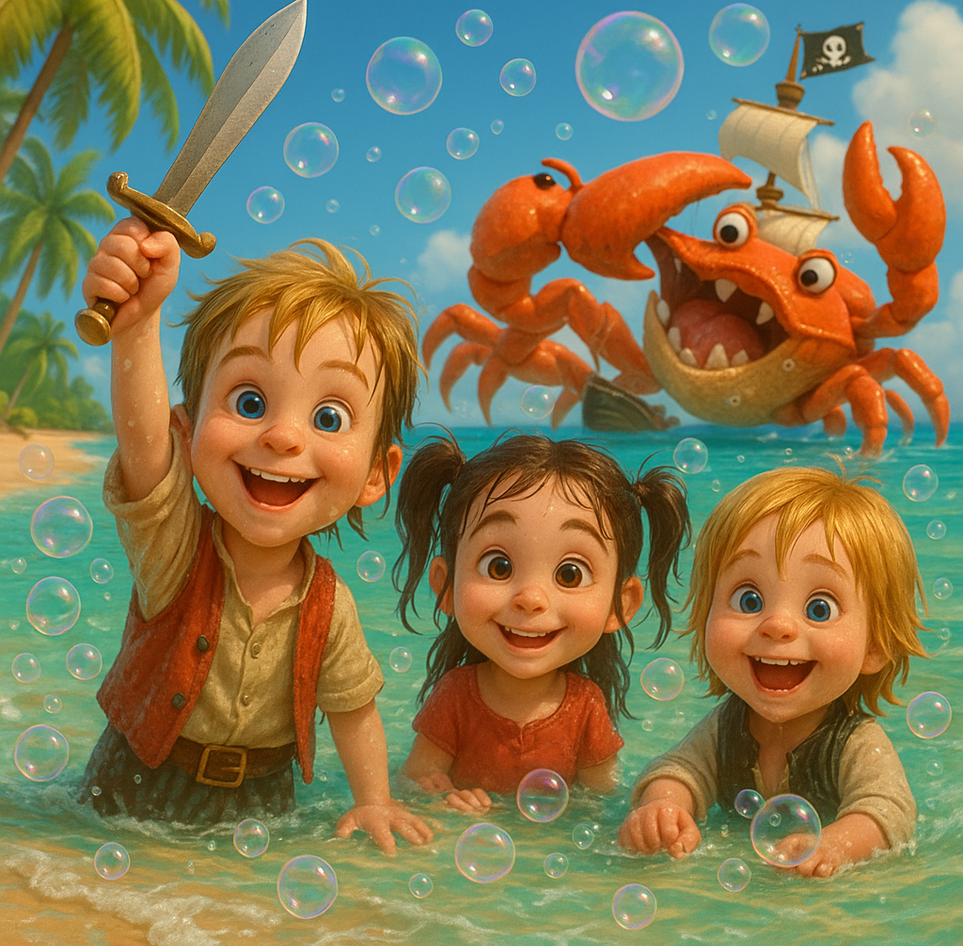 Akul y sus hermanos trasladan la aventura a la bañera donde un cangrejo gigante ataca su barco en su mundo imaginario de aventuras y burbujas.