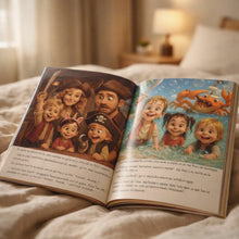 Libro infantil abierto mostrando ilustraciones interiores del cuento Un domingo cualquiera, historia familiar llena de aventuras y valores.