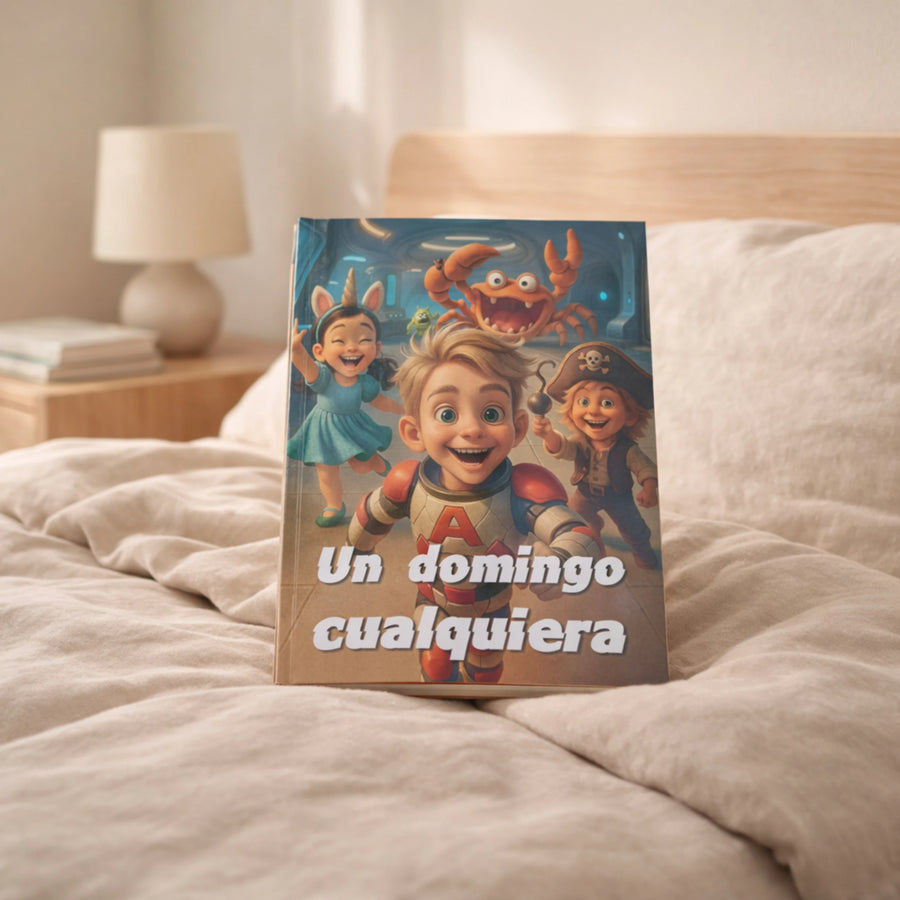 Cuento infantil "Un domingo cualquiera" de Lukkalia apoyado sobre una cama en un dormitorio luminoso de estilo nórdico