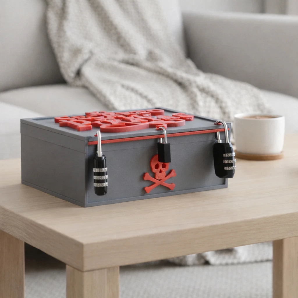 Caja del escape room infantil El Secreto de los Piratas de Lukkalia sobre mesa de madera en un salón familiar luminoso.