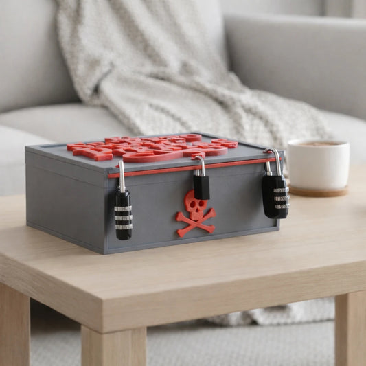 Caja del escape room infantil El Secreto de los Piratas de Lukkalia sobre mesa de madera en un salón familiar luminoso.