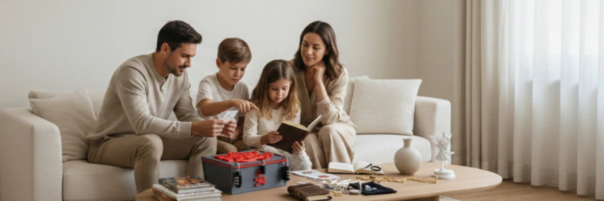 Familia jugando en casa con un escape room educativo infantil de Lukkalia, fomentando el aprendizaje y el tiempo de calidad juntos.