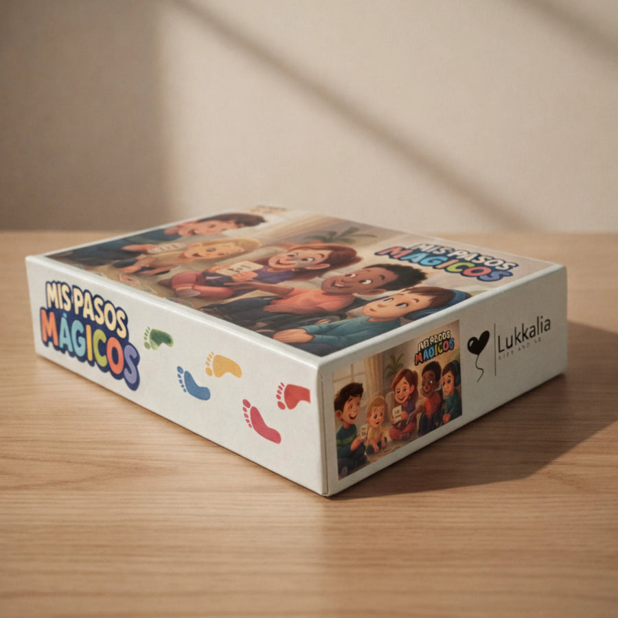 Caja del juego educativo inclusivo Mis Pasos Mágicos de Lukkalia sobre mesa de madera con luz natural